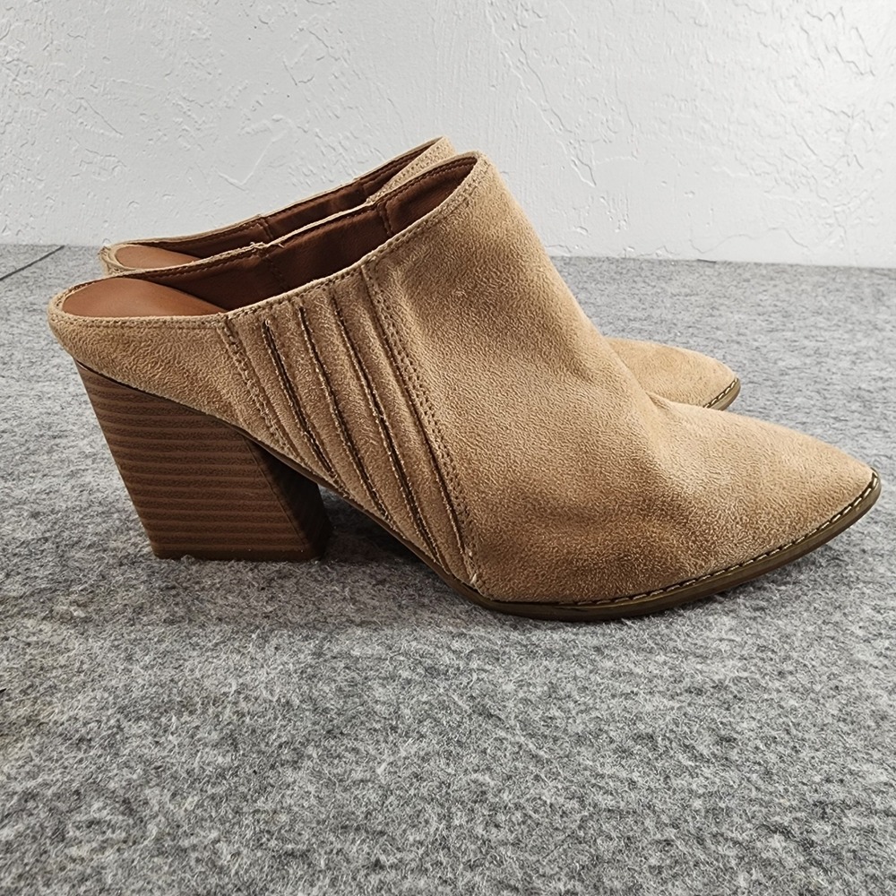 Tan Faux Suede Pointed Toe Block Heel Mules Womens Size 9 Western Boho Fall